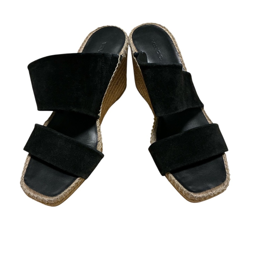 Vince Garlin espadrille wedge sandals leather suede black womens sz 9.5 square - Picture 5 of 6